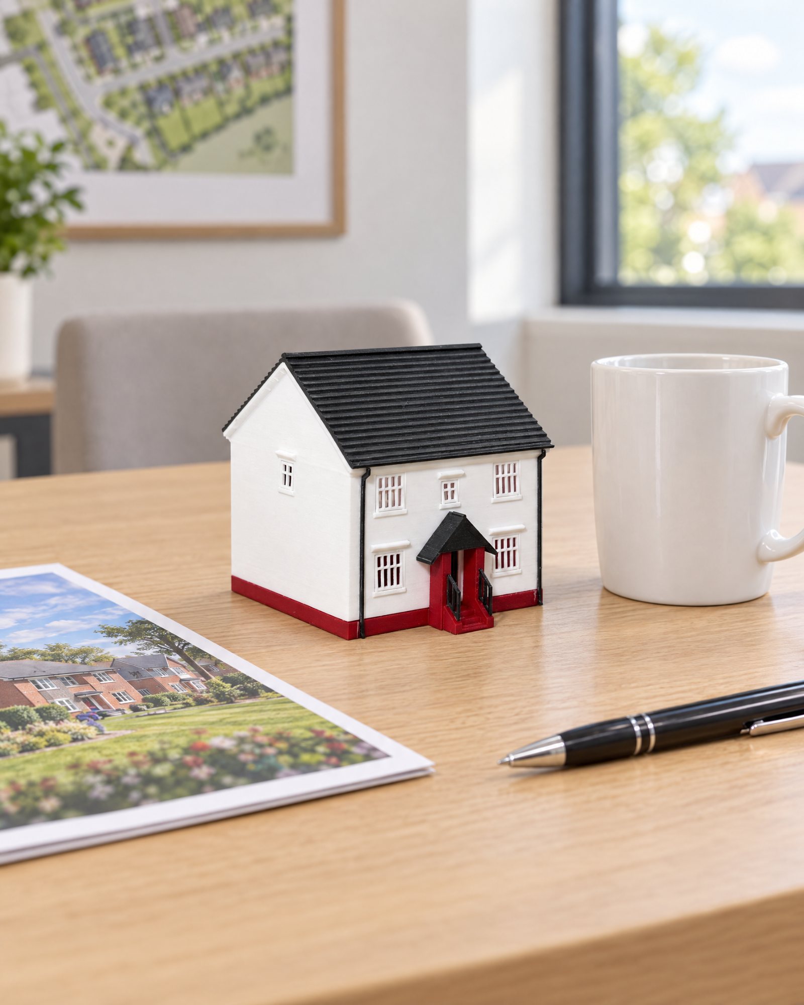 A white and red 3D printed model of a detached house on an office desk beside a mug and a sales brochure