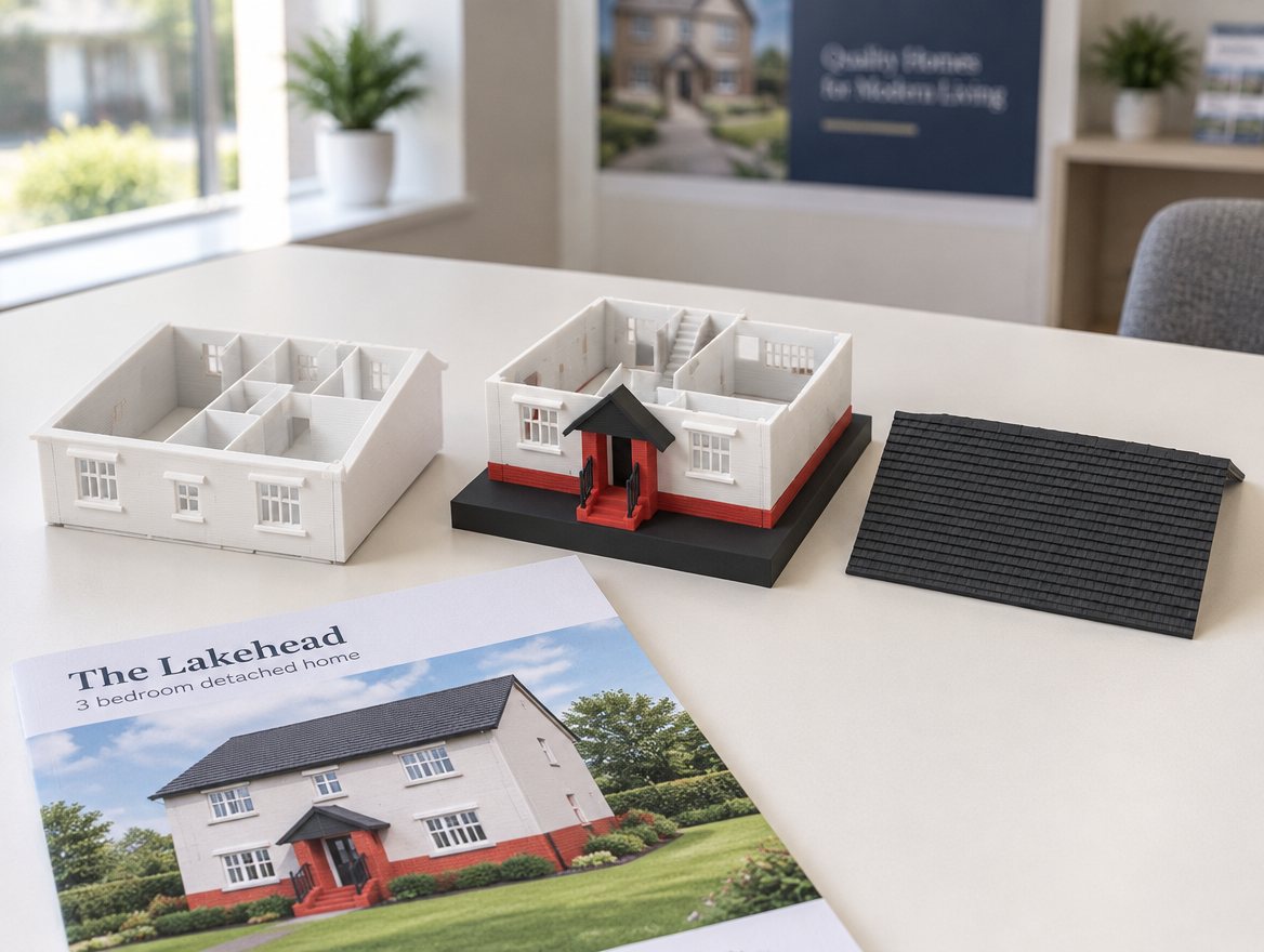 A 3D printed 1:50 house model taken apart on a sales suite table: ground floor on a base, upper floor and roof beside it, with a brochure in front